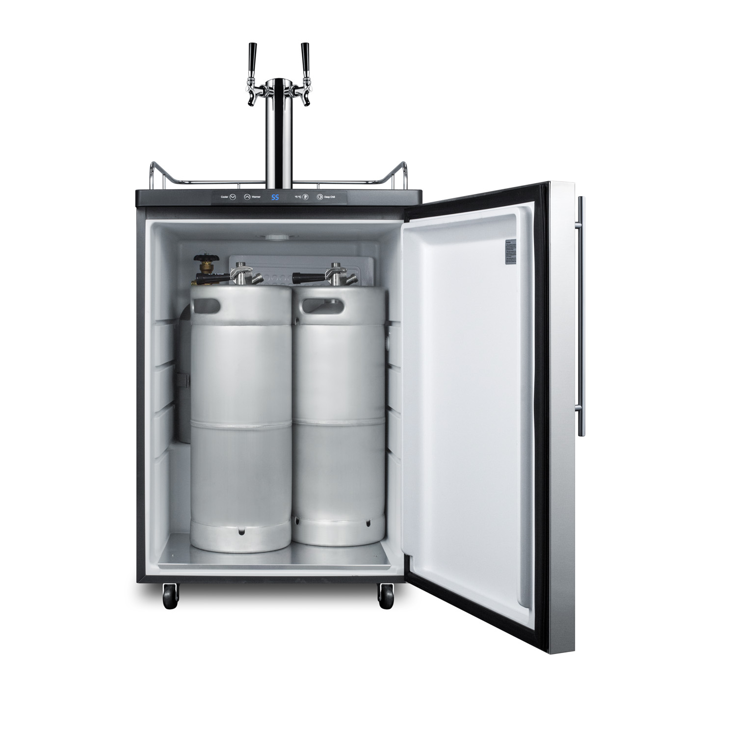 Freestanding residential beer dispenser, auto defrost with digital thermostat, stainless steel wrapped door, thin handle and black cabinet